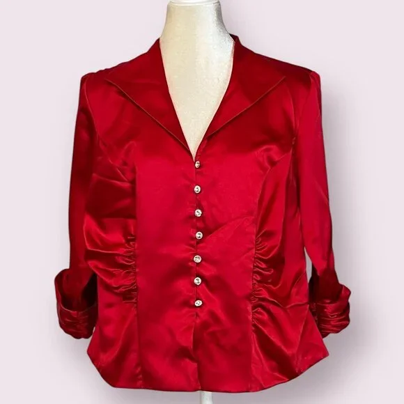 Vintage J.R.NITES Red Satin Blouse 14W Plus Size Evening Top Crystal Button - Picture 2 of 11